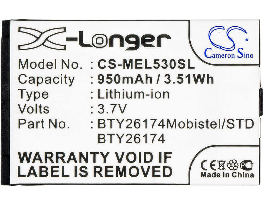 3.7V, Li-ion, 950mAh, SmartPhone battery fits Mobistel, Bty26174, El530, El530 Dual, 3.52Wh Mobile, SmartPhone Cameron Sino Technology Limited (Smartphone)