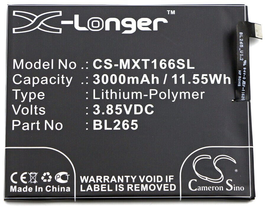 3.85V, Li-Polymer, 3000mAh, SmartPhone battery fits Motorola, Bl265, Kung-fu, Moto M, 11.55Wh Mobile, SmartPhone Cameron Sino Technology Limited (Smartphone)