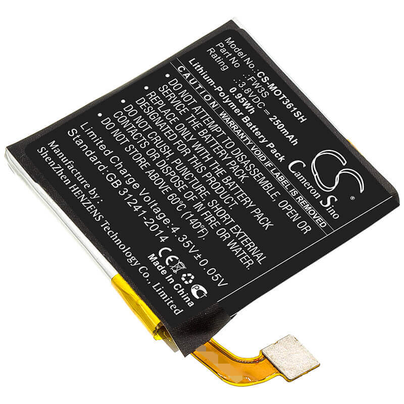 3.8V, Li-Polymer, 250mAh, Smartwatch battery fits Motorola, Fw3s, Moto 360 2nd, Moto 360 2rd, 0.95Wh Smartwatch Cameron Sino Technology Limited