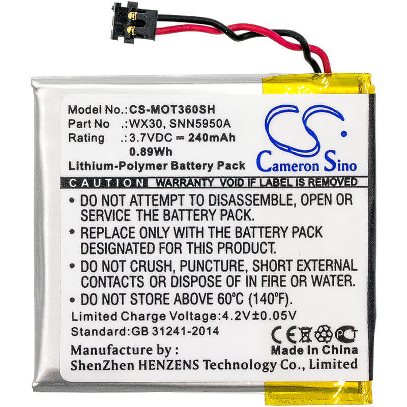3.7V, Li-Polymer, 240mAh, Smartwatch battery fits Motorola, Snn5950a, Moto 360, 0.89Wh Smartwatch Cameron Sino Technology Limited