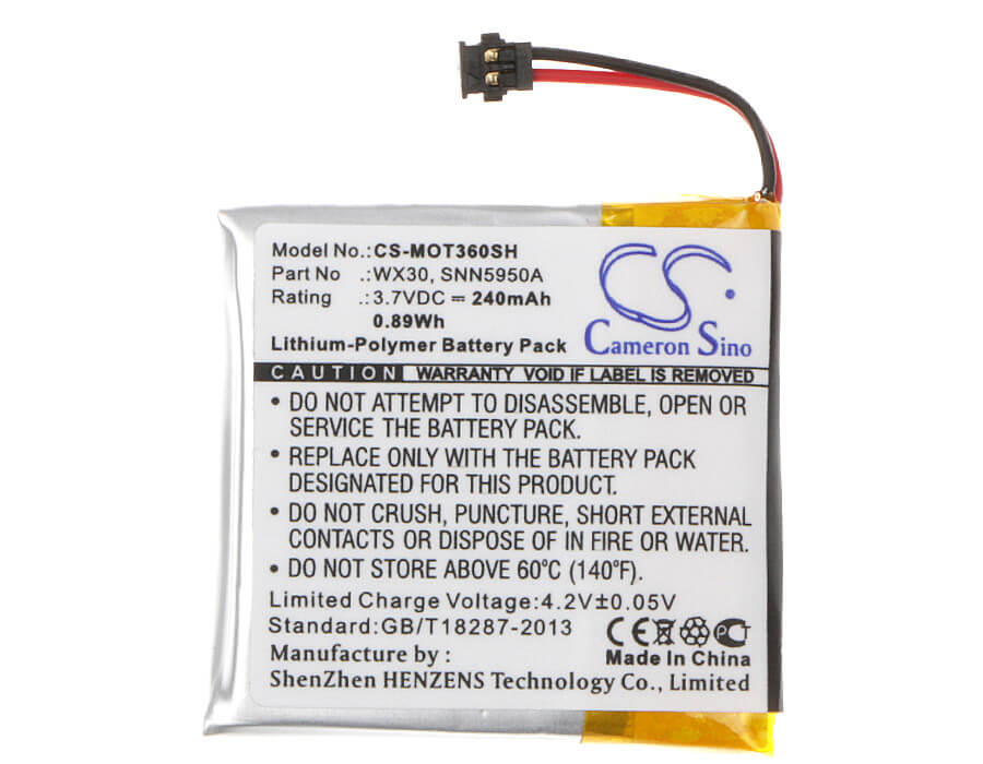 3.7V, Li-Polymer, 240mAh, Smartwatch battery fits Motorola, Snn5950a, Moto 360, 0.89Wh Smartwatch Cameron Sino Technology Limited