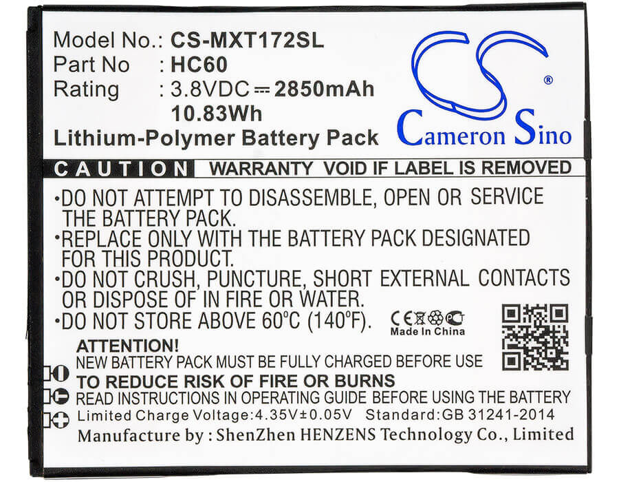3.8V, Li-Polymer, 2850mAh, SmartPhone battery fits Motorola, Hc60, Moto C Plus, Moto C Plus Dual Sim, 10.83Wh Mobile, SmartPhone Cameron Sino Technology Limited (Smartphone)