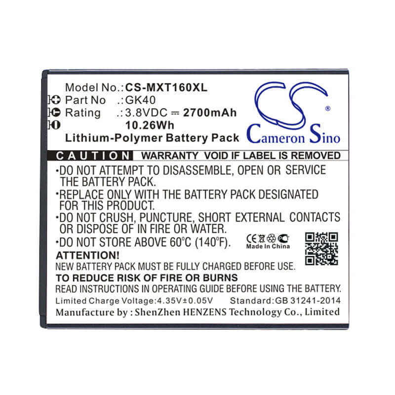 3.8V, Li-Polymer, 2700mAh, SmartPhone battery fits Motorola, Gk40, Cedric, Moto E3, 10.26Wh Mobile, SmartPhone Cameron Sino Technology Limited (Smartphone)