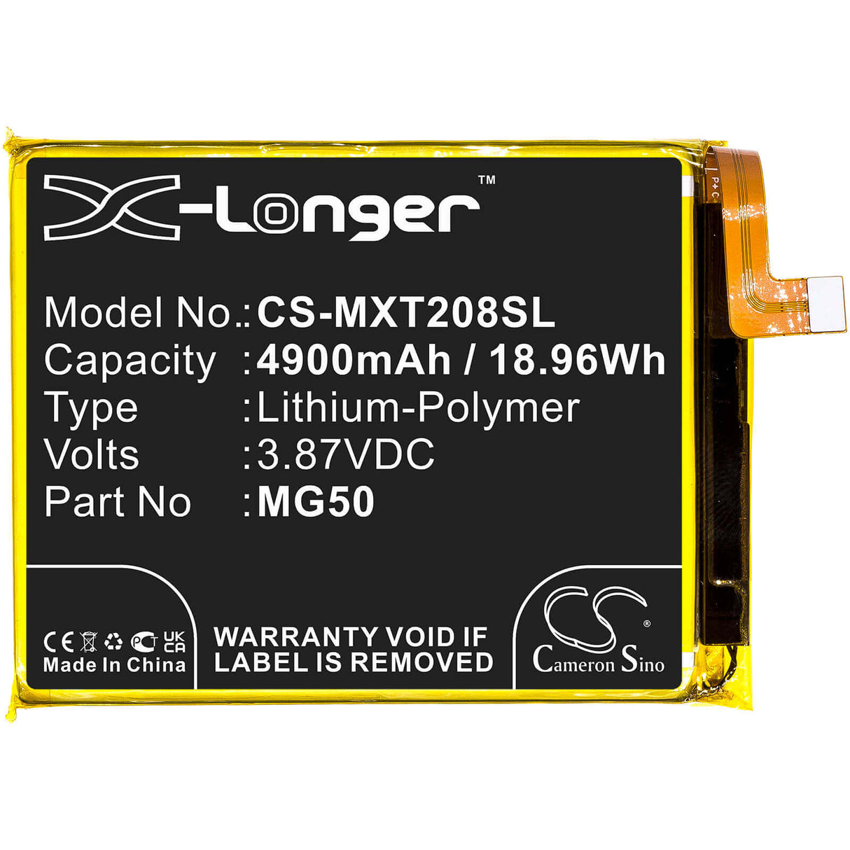 3.87V, Li-Polymer, 4900mAh, SmartPhone battery fits Motorola, Mg50, Moto G9 Plus, Moto G9 Plus 2020, 18.96Wh Mobile, SmartPhone Cameron Sino Technology Limited (Smartphone)
