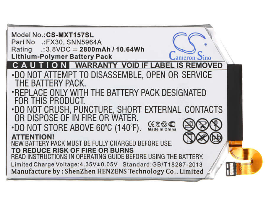 3.8V, Li-Polymer, 2800mAh, SmartPhone battery fits Motorola, Fx30, Moto X Pure Edition, Moto X Style, 10.64Wh Mobile, SmartPhone Cameron Sino Technology Limited (Smartphone)