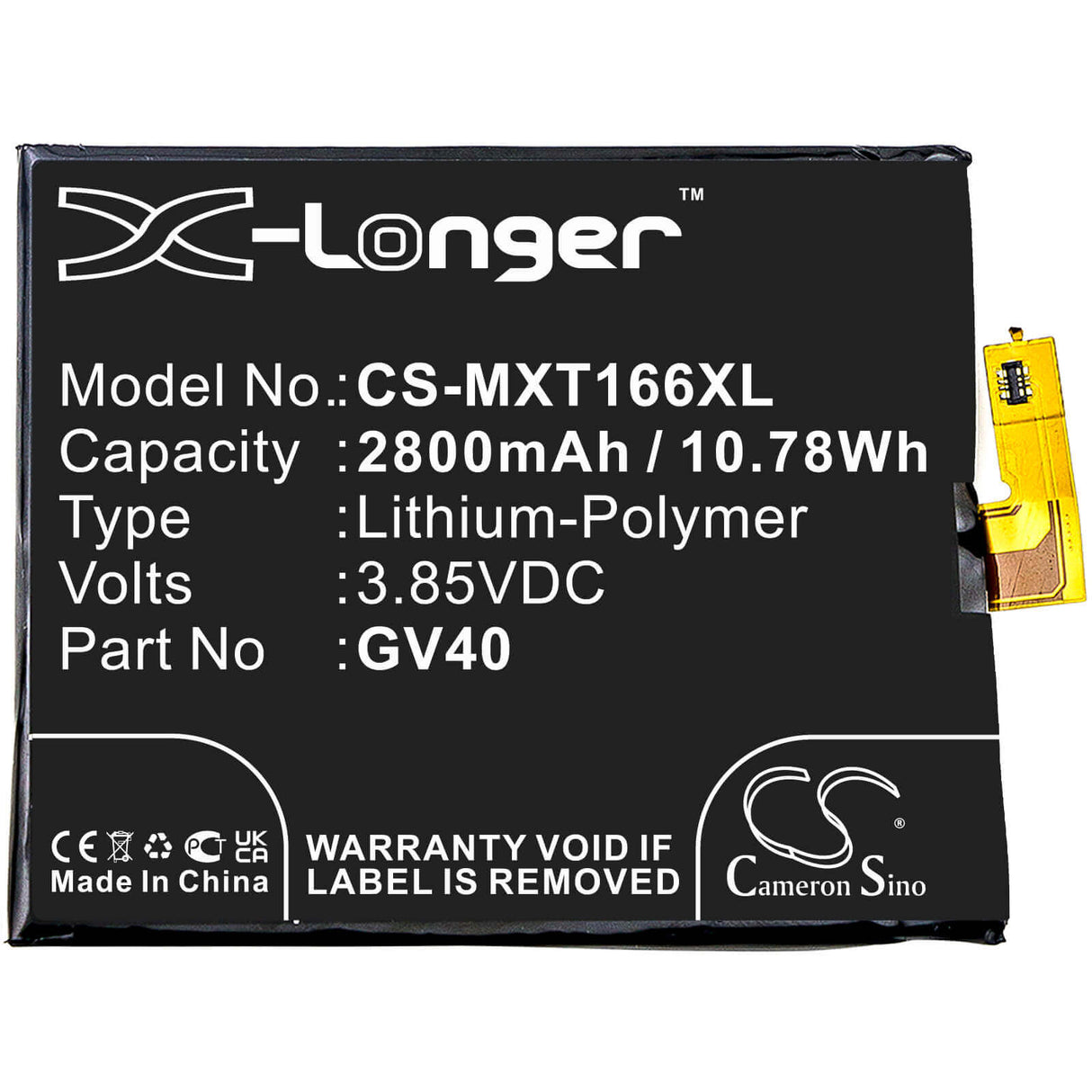 3.85V, Li-Polymer, 2800mAh, SmartPhone battery fits Motorola, Gv40, Moto Z Droid Force, Moto Z Force, 10.78Wh Mobile, SmartPhone Cameron Sino Technology Limited (Smartphone)