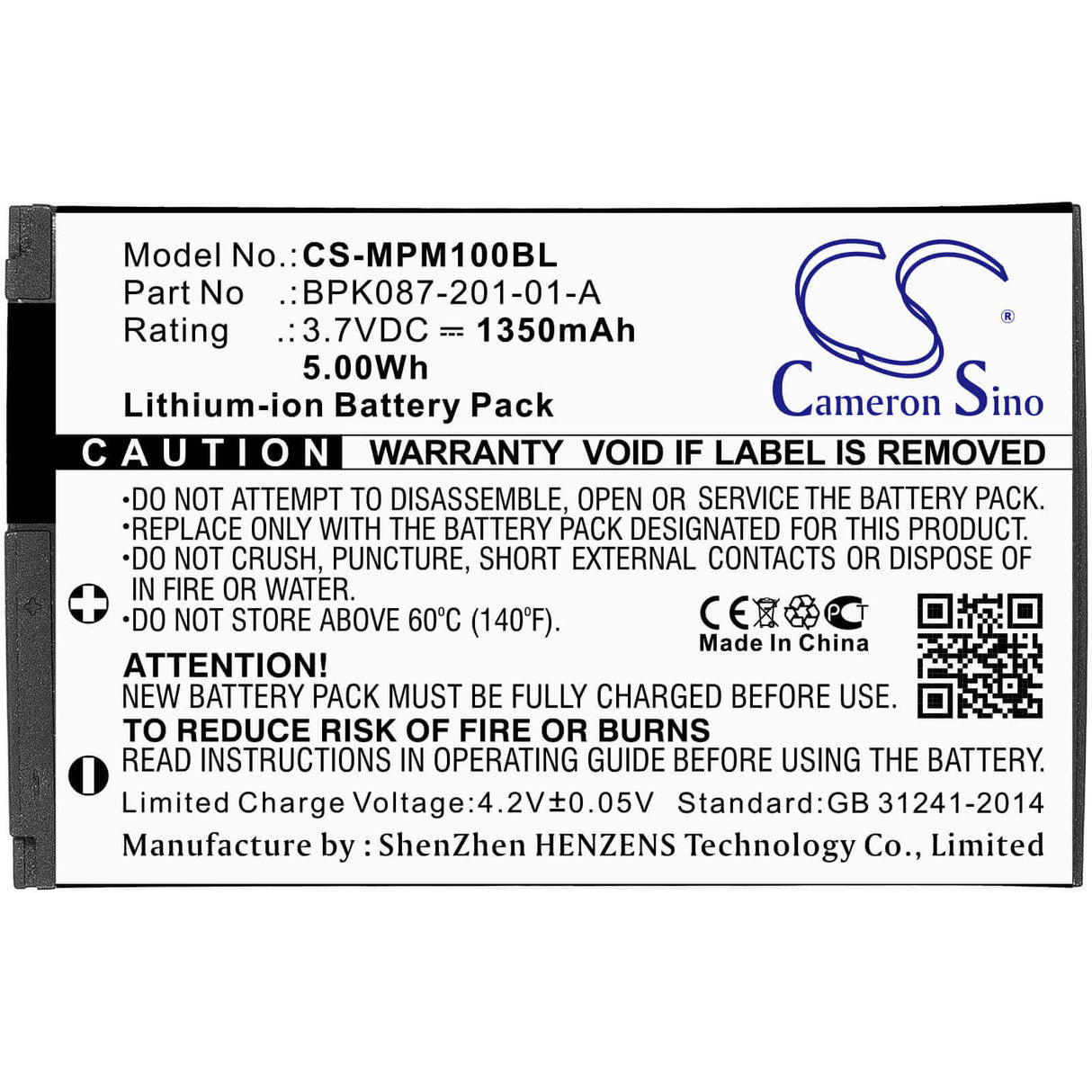 3.7V, Li-ion, 1350mAh, Payment Terminal battery fits Verifone, Zebra, Motorola, Bpk087-201-01-a, Mpm100, Mpm-100, 5.00Wh Payment Terminal Cameron Sino Technology Limited
