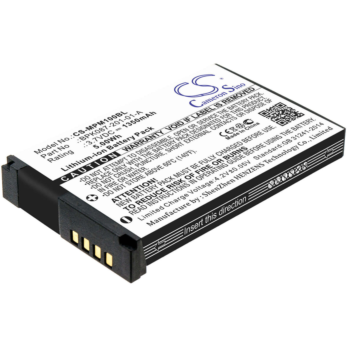 3.7V, Li-ion, 1350mAh, Payment Terminal battery fits Verifone, Zebra, Motorola, Bpk087-201-01-a, Mpm100, Mpm-100, 5.00Wh Payment Terminal Cameron Sino Technology Limited