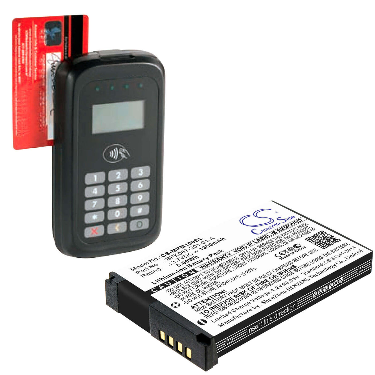 3.7V, Li-ion, 1350mAh, Payment Terminal battery fits Verifone, Zebra, Motorola, Bpk087-201-01-a, Mpm100, Mpm-100, 5.00Wh Payment Terminal Cameron Sino Technology Limited