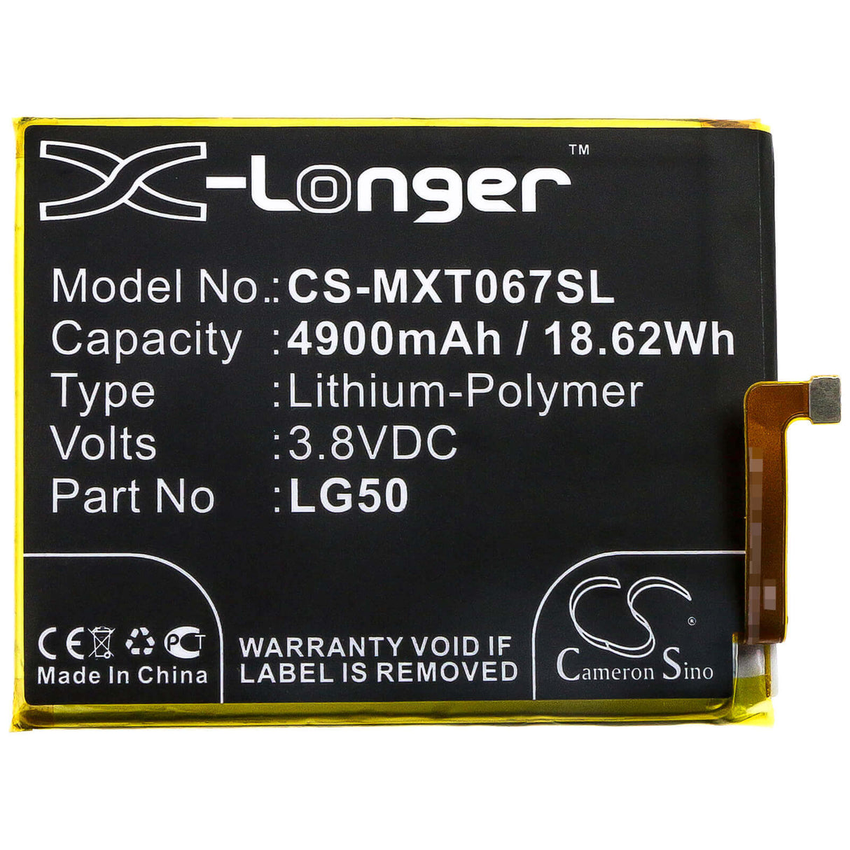 3,8V, Li-Polymer, 4900mAh, batterie de smartphone compatible avec Motorola, Lg50, One Fusion Plus, Xt2067, 18,62Wh Mobile, Smartphone Cameron Sino Technology Limited (Smartphone)