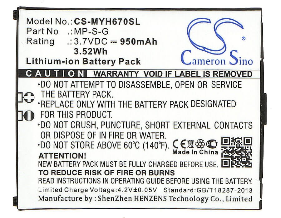 3.7V, Li-ion, 950mAh, SmartPhone battery fits Myphone, Mp-s-g, 6670 City, 3.52Wh Mobile, SmartPhone Cameron Sino Technology Limited (Smartphone)