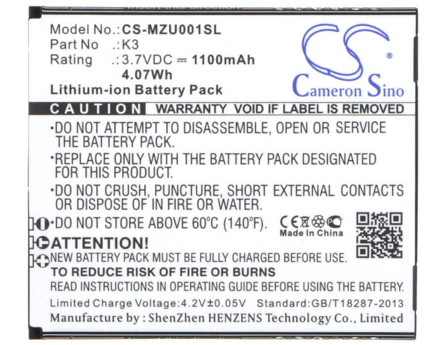 3,7V, Li-ion, 1100mAh, batterie de smartphone compatible avec Navon, K3, Mizu Mzt001, 4,07Wh Mobile, SmartPhone Cameron Sino Technology Limited (Suspendu)