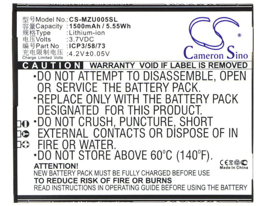 3.7V, Li-ion, 1500mAh, batterie de smartphone compatible avec Navon, Icp3/58/73, Mizu Mzt005, 5.55Wh Mobile, Smartphone Cameron Sino Technology Limited (Smartphone)