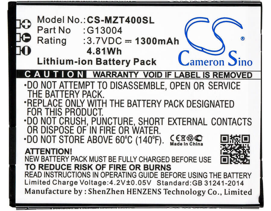 3,7V, Li-ion, 1300mAh, batterie de smartphone compatible avec Navon, G13004, Mizu T400, 4,81Wh Mobile, Smartphone Cameron Sino Technology Limited (Smartphone)