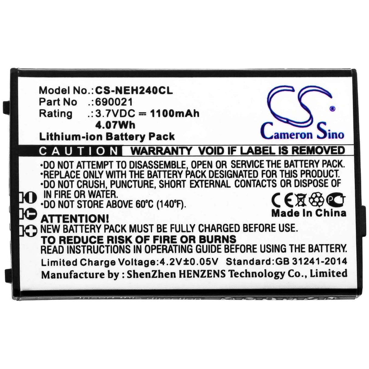 3.7V, Li-ion, 1100mAh, Batterie de téléphone sans fil compatible avec Nec, 690021, Mh240, 4.07Wh Téléphone sans fil Cameron Sino Technology Limited (Téléphone sans fil)