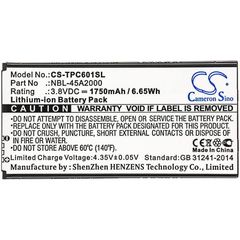 3.8V, Li-ion, 1750mAh, SmartPhone battery fits Neffos, Tp-link, Nbl-45a2000, C5l, C5l Dual Sim, 6.65Wh Mobile, SmartPhone Cameron Sino Technology Limited (Smartphone)