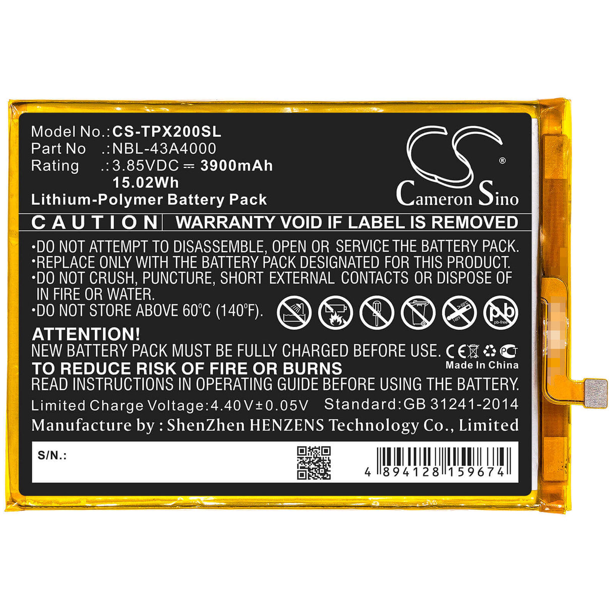 3.85V, Li-Polymer, 3900mAh, SmartPhone battery fits Neffos, Tp-link, Nbl-43a4000, Tp7071, Tp9131a, 15.02Wh Mobile, SmartPhone Cameron Sino Technology Limited (Smartphone)