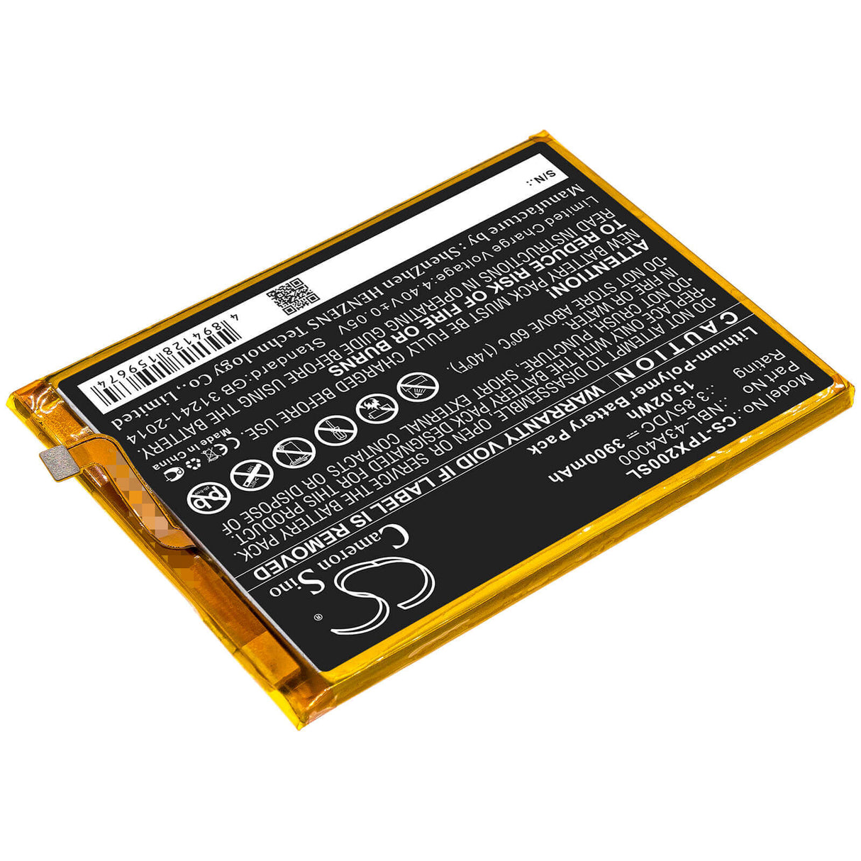 3.85V, Li-Polymer, 3900mAh, SmartPhone battery fits Neffos, Tp-link, Nbl-43a4000, Tp7071, Tp9131a, 15.02Wh Mobile, SmartPhone Cameron Sino Technology Limited (Smartphone)