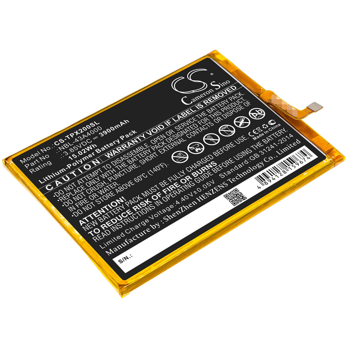 3.85V, Li-Polymer, 3900mAh, SmartPhone battery fits Neffos, Tp-link, Nbl-43a4000, Tp7071, Tp9131a, 15.02Wh Mobile, SmartPhone Cameron Sino Technology Limited (Smartphone)