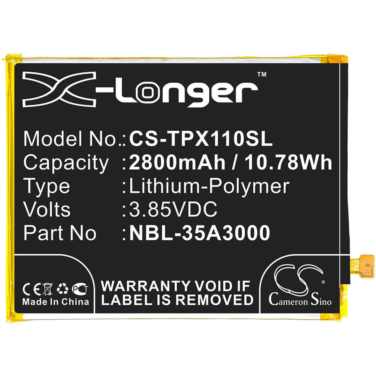 3.85V, Li-Polymer, 2800mAh, SmartPhone battery fits Tp-link, Neffos, Nbl-35a3000, Tp903a, X1 Max, 10.78Wh Mobile, SmartPhone Cameron Sino Technology Limited (Smartphone)