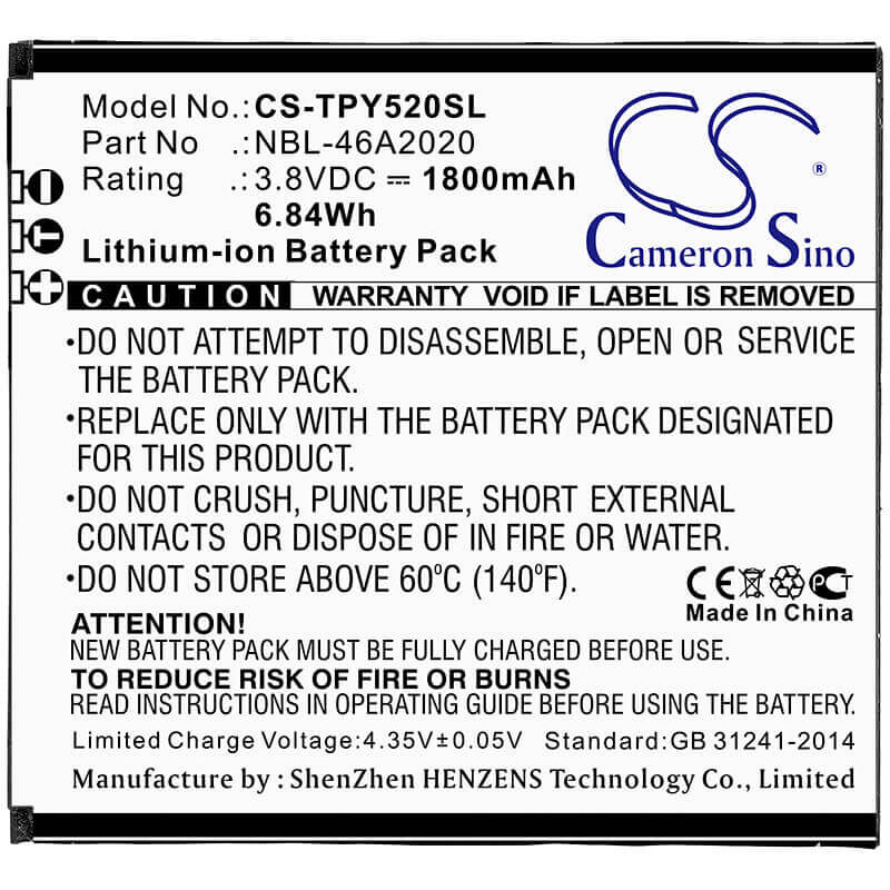 3.8V, Li-ion, 1800mAh, SmartPhone battery fits Neffos, Tp-link, Nbl-46a2020, Y5l, 6.84Wh Mobile, SmartPhone Cameron Sino Technology Limited (Smartphone)
