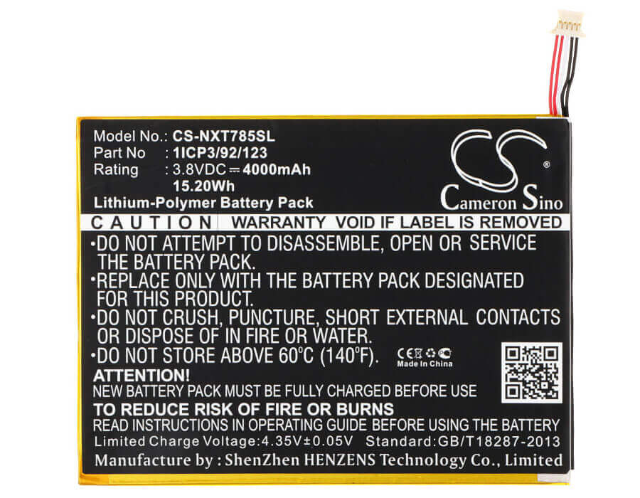 3.8V, Li-Polymer, 4000mAh, Tablet battery fits Nextbook, 1icp3/92/123, Nx785qc16g, Nx785qc8g, 15.20Wh Tablet Cameron Sino Technology Limited