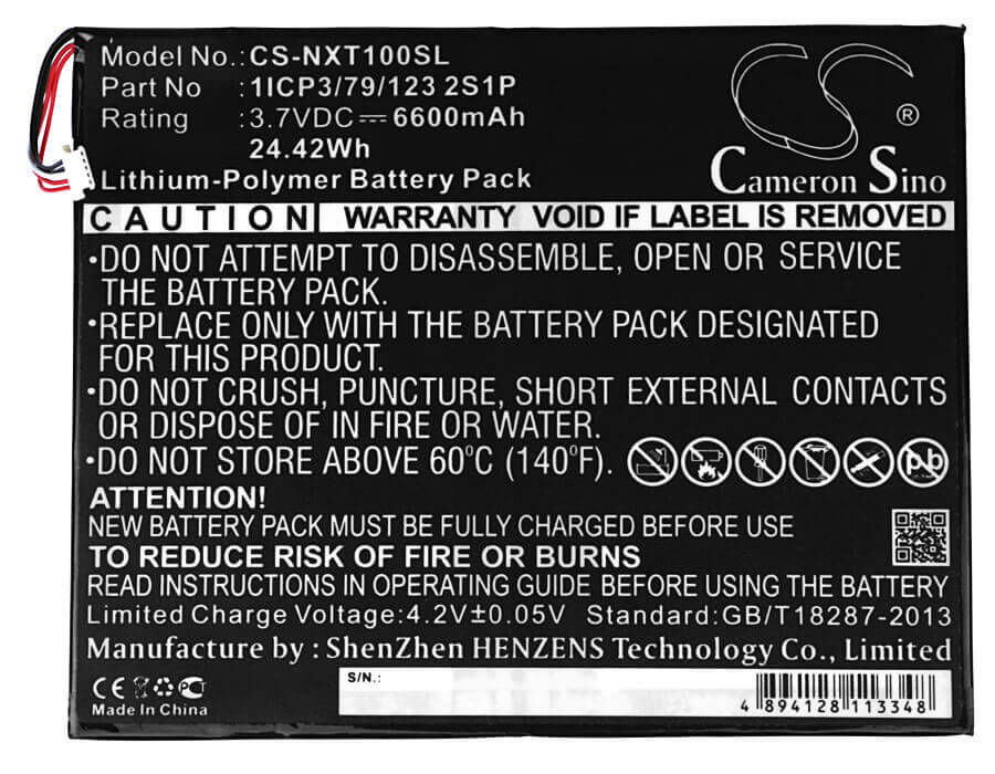 3.7V, Li-Polymer, 6600mAh, Tablet battery fits Nextbook, 1icp3/79/123 2s1p, Nextbook 10", Nxw10qc32g, 24.42Wh Tablet Cameron Sino Technology Limited