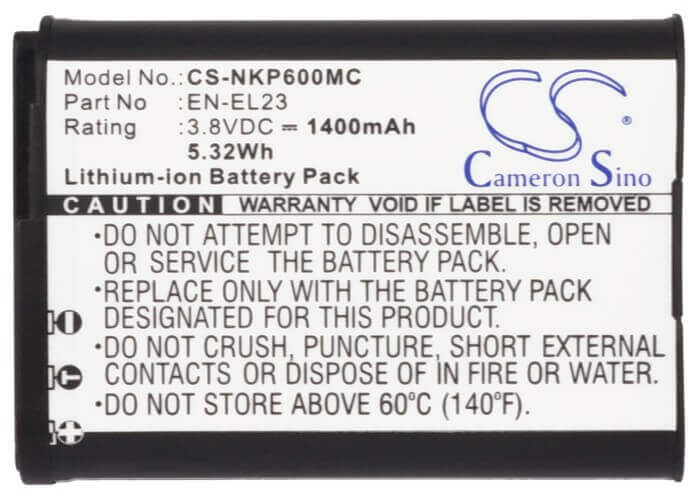 3.8V, Li-ion, 1400mAh, Camera battery fits Nikon, En-el23, Coolpix P600, Coolpix P610, 5.32Wh Camera Cameron Sino Technology Limited (Camera)