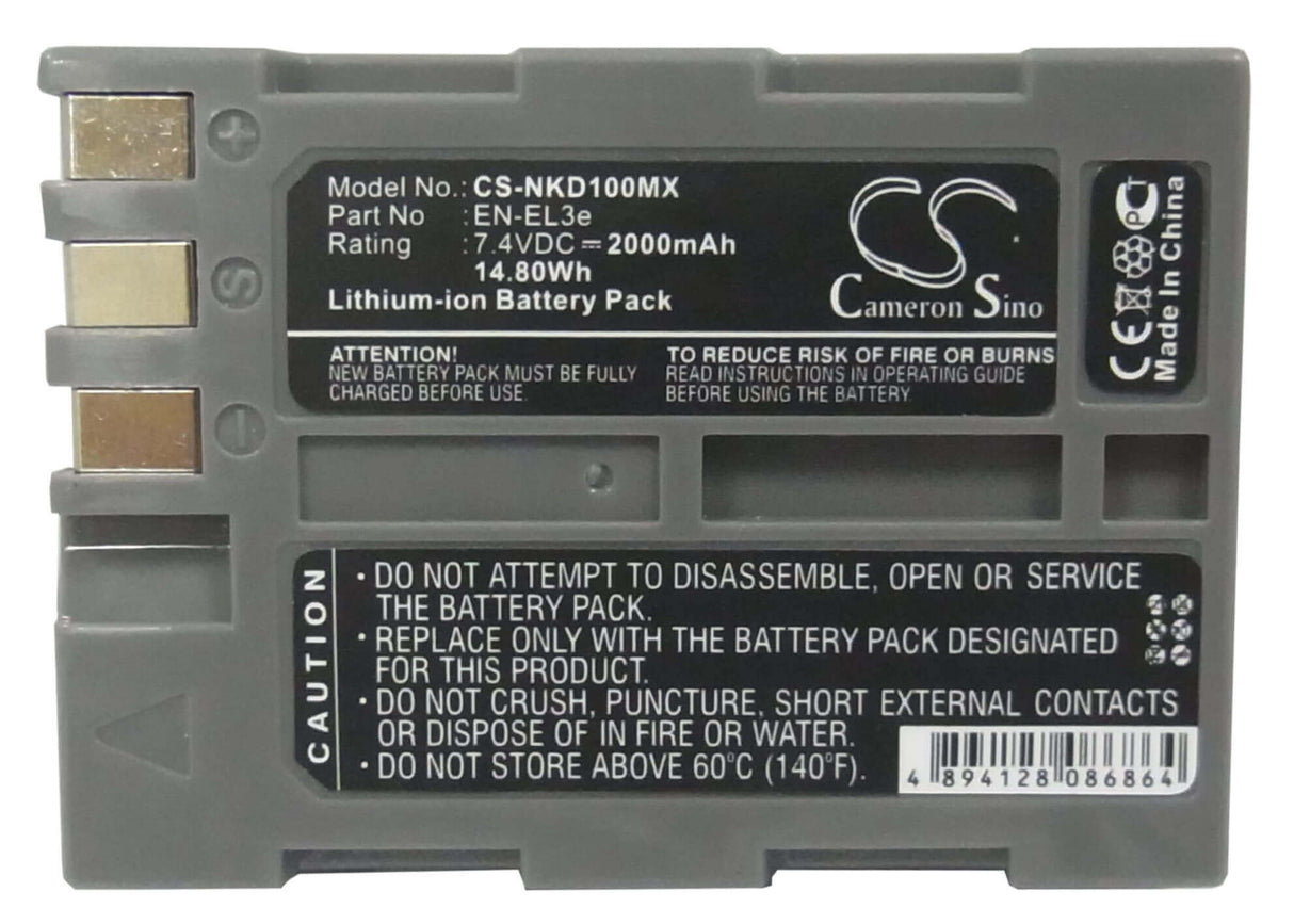 7.4V, Li-ion, 2000mAh, Camera battery fits Nikon, En-el3e, D100, D100 Slr, 14.8Wh Camera Cameron Sino Technology Limited (Camera)