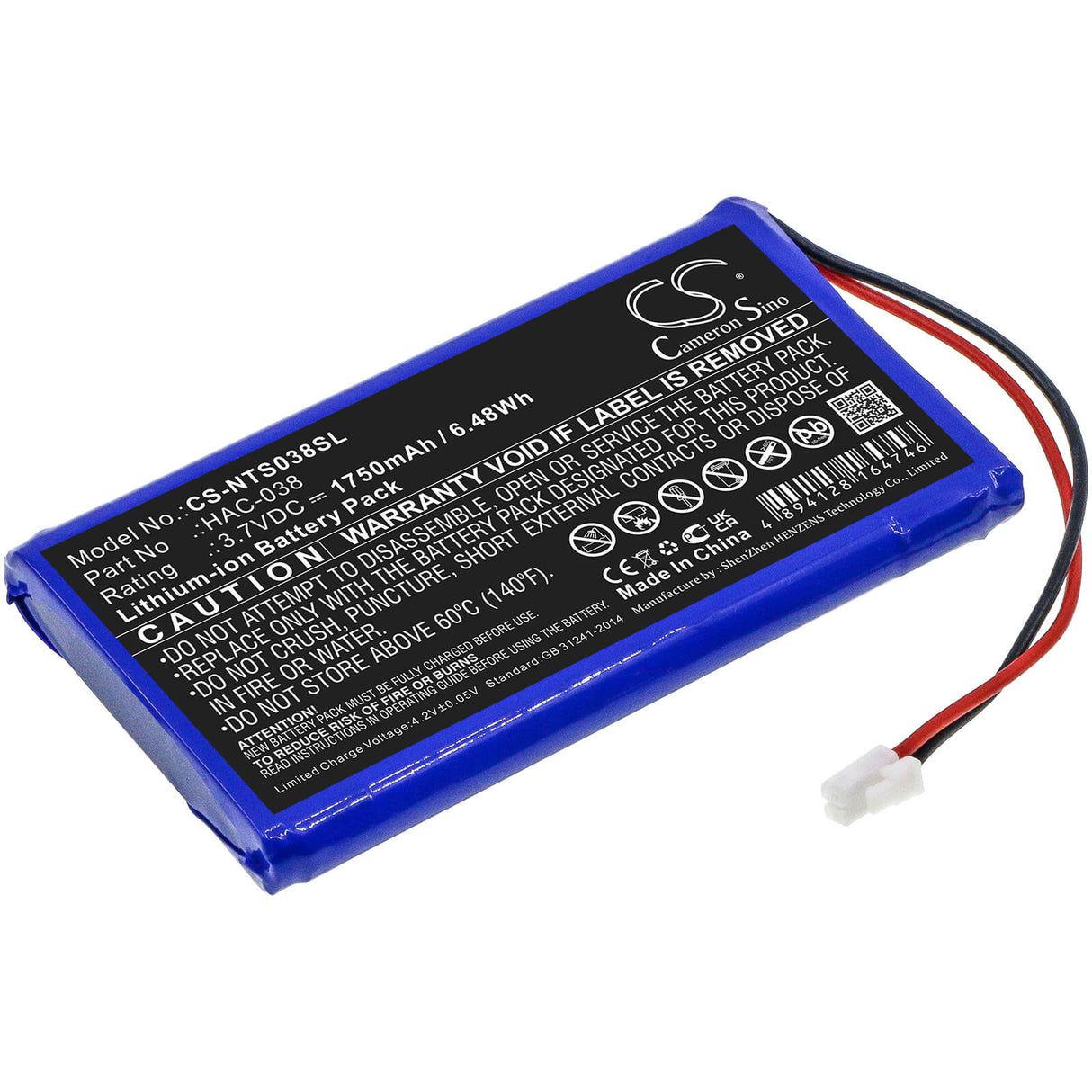 3,7V, Li-ion, 1750mAh, batterie de console de jeu compatible avec Nintendo, Hac-038, Home Circuit, Mario Kart Live, 6,48Wh Console de jeu Cameron Sino Technology Limited