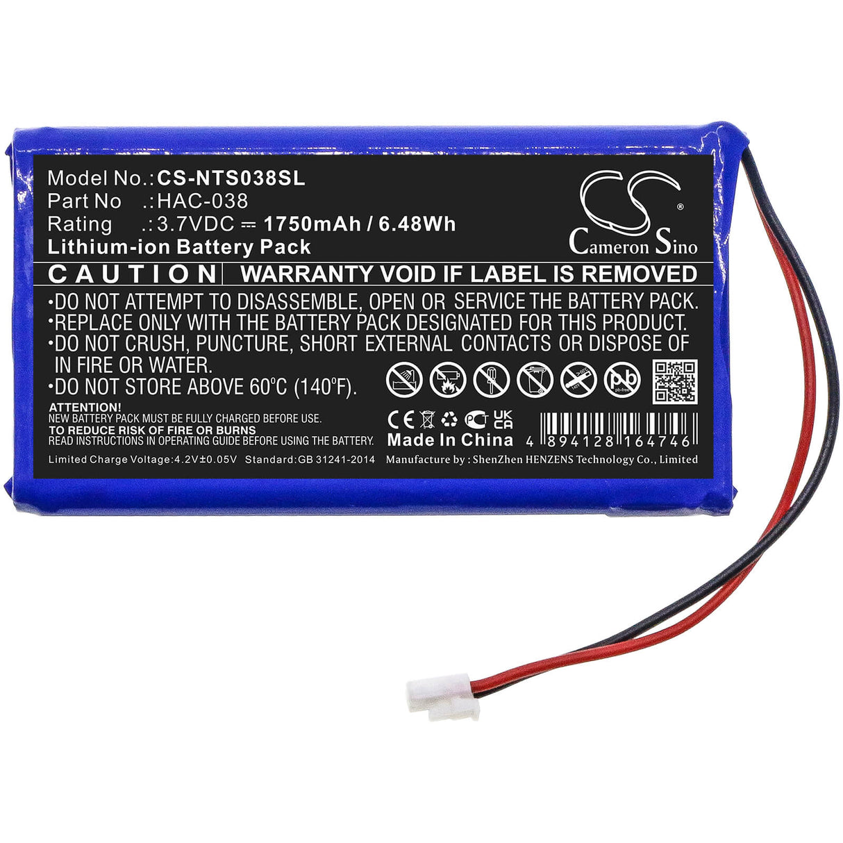 3,7V, Li-ion, 1750mAh, batterie de console de jeu compatible avec Nintendo, Hac-038, Home Circuit, Mario Kart Live, 6,48Wh Console de jeu Cameron Sino Technology Limited