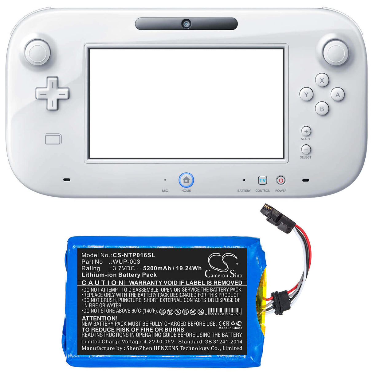 3,7V, Li-ion, 5200mAh, batterie de console de jeu compatible avec Nintendo, Wup-003, Wii U Gamepad Wup-003, 19,24Wh Console de jeu Cameron Sino Technology Limited