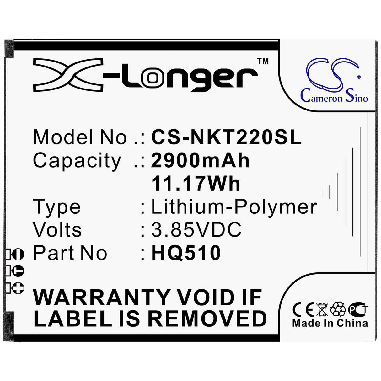 3.85V, Li-Polymer, 2900mAh, SmartPhone battery fits Nokia, Hq510, 2.2, Nokia 2.2 2019, 11.17Wh Mobile, SmartPhone Cameron Sino Technology Limited (Smartphone)