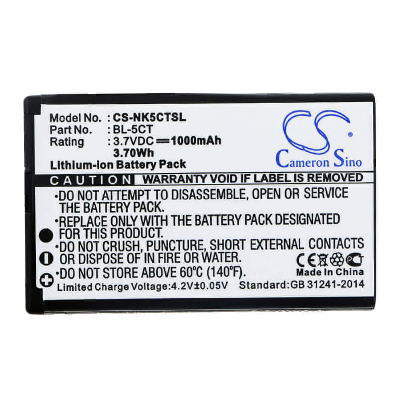 3,7V, Li-ion, 1000mAh, batterie de smartphone compatible Nokia, Bl-5ct, 5220, 5220 Xpressmusic, 3,7Wh Mobile, Smartphone Cameron Sino Technology Limited (Smartphone)