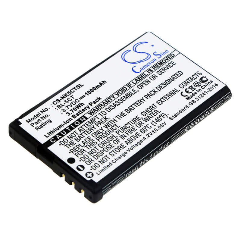 3,7V, Li-ion, 1000mAh, batterie de smartphone compatible Nokia, Bl-5ct, 5220, 5220 Xpressmusic, 3,7Wh Mobile, Smartphone Cameron Sino Technology Limited (Smartphone)