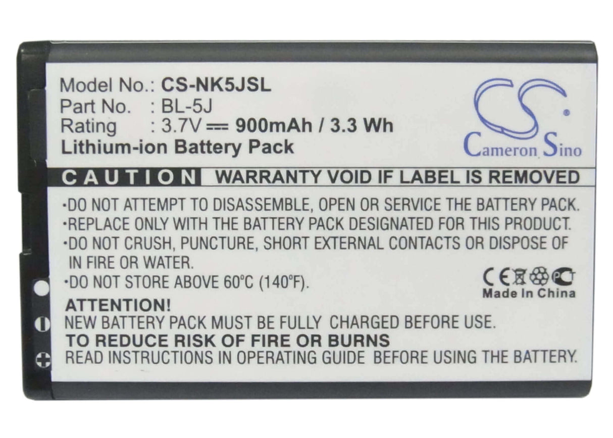 3.7V, Li-ion, 900mAh, SmartPhone battery fits Nokia, Bl-5j, 5230, 5800, 3.33Wh Mobile, SmartPhone Cameron Sino Technology Limited (Smartphone)