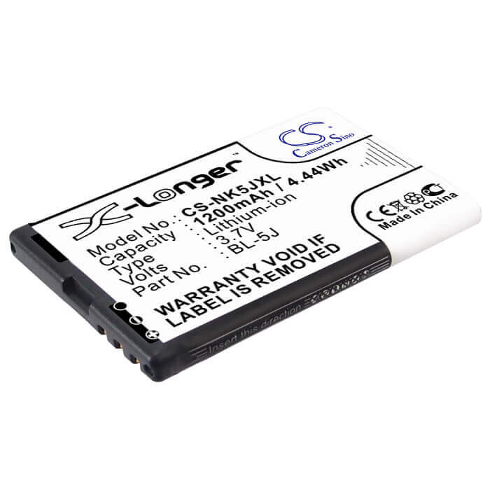 3.7V, Li-ion, 1200mAh, SmartPhone battery fits Nokia, Bl-5j, 5230, 5800, 4.44Wh Mobile, SmartPhone Cameron Sino Technology Limited (Smartphone)