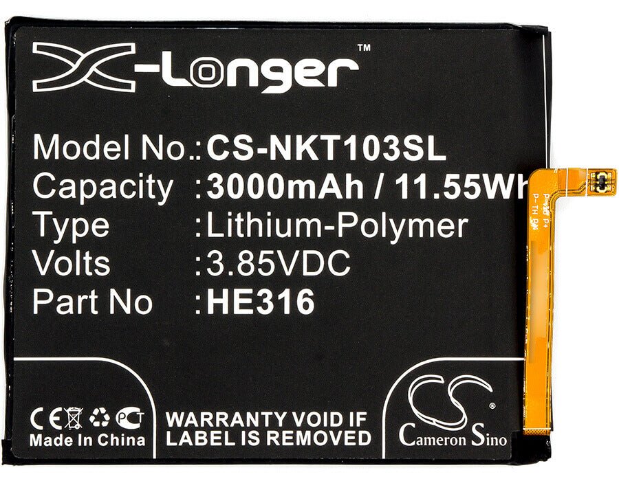 3.85V, Li-Polymer, 3000mAh, SmartPhone battery fits Nokia, He316, 6, 6 Dual Sim, 11.55Wh Mobile, SmartPhone Cameron Sino Technology Limited (Smartphone)