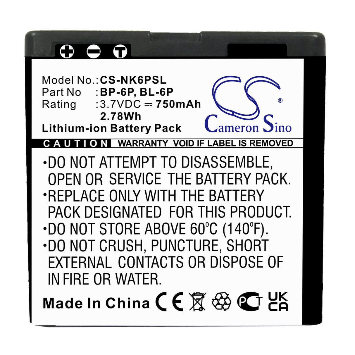 3.7V, Li-ion, 750mAh, SmartPhone battery fits Mobiado, Seecode, Nokia, Bl-6p, Professional 105 Damascus, Professional 105clb, 2.78Wh Mobile, SmartPhone Cameron Sino Technology Limited (Smartphone)