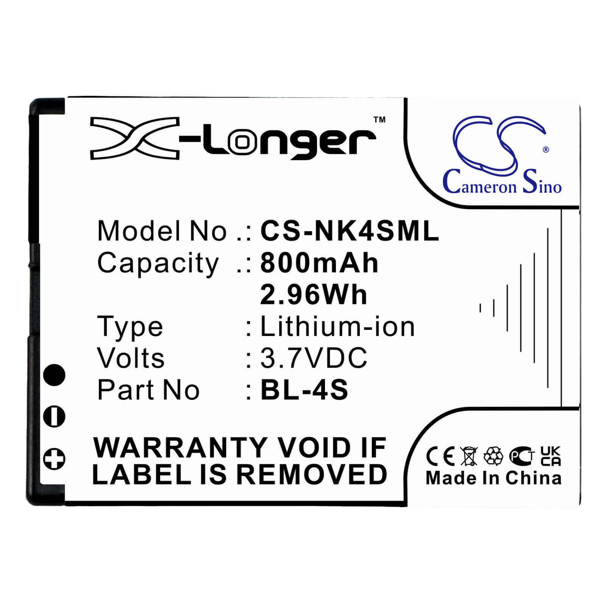 3.7V, Li-ion, 800mAh, SmartPhone battery fits Nokia, Bl-4s, 2680, 2680 Slide, 2.96Wh Mobile, SmartPhone Cameron Sino Technology Limited (Smartphone)