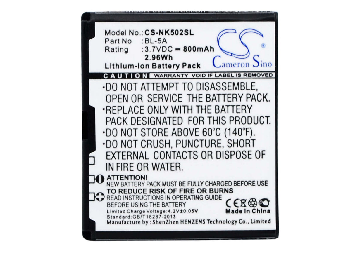 3.7V, Li-ion, 800mAh, SmartPhone battery fits Nokia, Bl-5a, Asha 502, 2.96Wh Mobile, SmartPhone Cameron Sino Technology Limited (Smartphone)