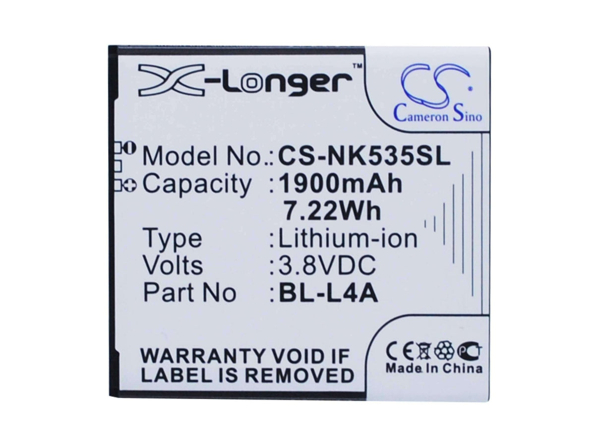 3.8V, Li-ion, 1900mAh, batterie de smartphone compatible avec Nokia, Bl-l4a, Lumia 535, Lumia 535 Dual Sim, 7.22Wh Mobile, Smartphone Cameron Sino Technology Limited (Suspendu)