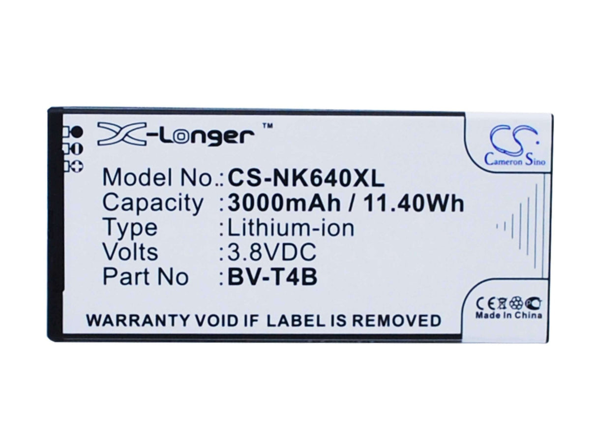 3.8V, Li-Polymer, 3000mAh, SmartPhone battery fits Microsoft, Nokia, Bv-t4b, Lumia 640 Xl, Rm-1062, 11.4Wh Mobile, SmartPhone Cameron Sino Technology Limited (Smartphone)
