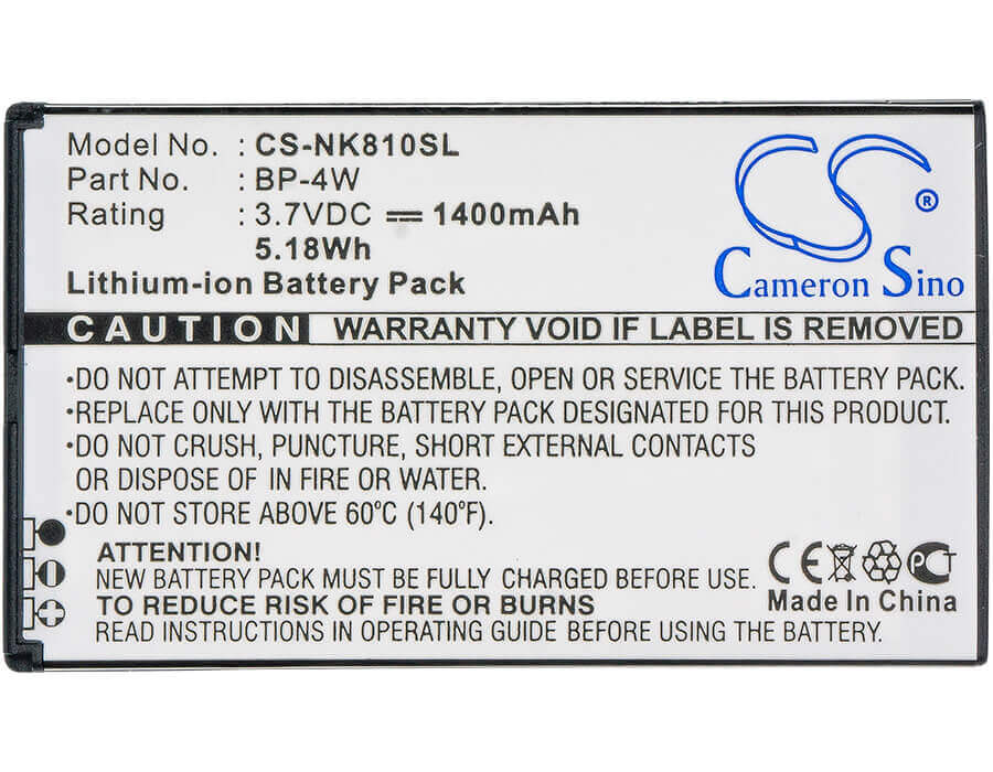 3.7V, Li-ion, 1400mAh, SmartPhone battery fits Nokia, Bp-4w, Lumia 810, Lumia 822, 5.18Wh Mobile, SmartPhone Cameron Sino Technology Limited (Smartphone)