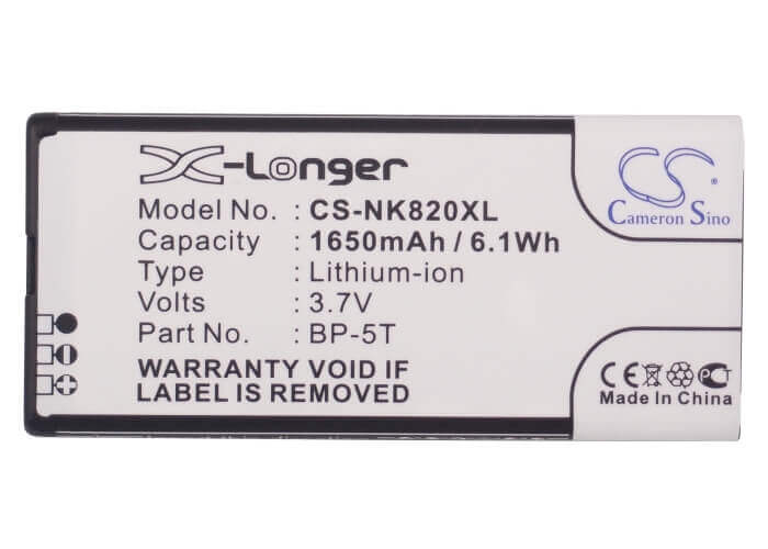 3.7V, Li-ion, 1650mAh, SmartPhone battery fits Nokia, Bp-5t, Arrow, Lumia 820, 6.11Wh Mobile, SmartPhone Cameron Sino Technology Limited (Smartphone)