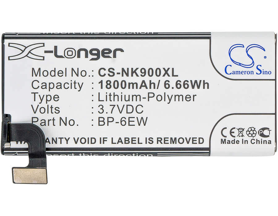 3.7V, Li-Polymer, 1800mAh, SmartPhone battery fits Nokia, Bp-6ew, Lumia 900, Lumia 900 4g Lte, 6.66Wh Mobile, SmartPhone Cameron Sino Technology Limited (Smartphone)