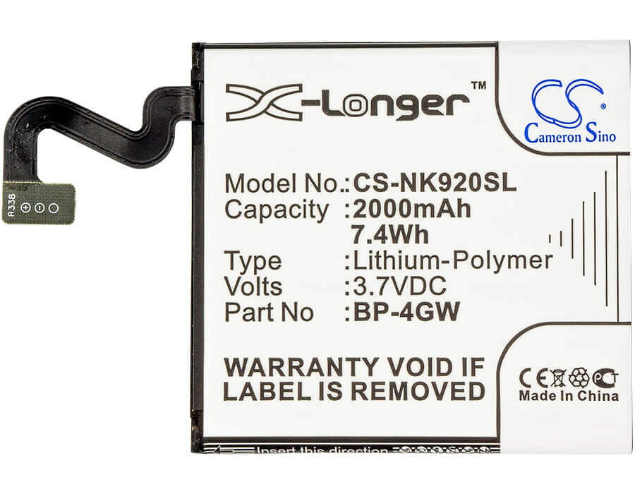 3,7V, Li-Polymer, 2000mAh, batterie de smartphone compatible avec Nokia, Bp-4gw, Lumia 920, Lumia 920 4g, 7,4Wh Mobile, Smartphone Cameron Sino Technology Limited (Smartphone)