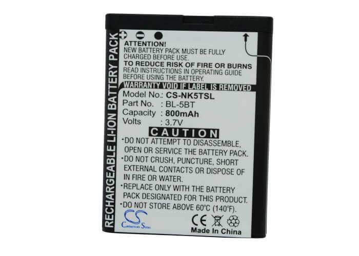3.7V, Li-ion, 800mAh, SmartPhone battery fits Nokia, Bl-5bt, 2600 Classic, 7510, 2.96Wh Mobile, SmartPhone Cameron Sino Technology Limited (Smartphone)