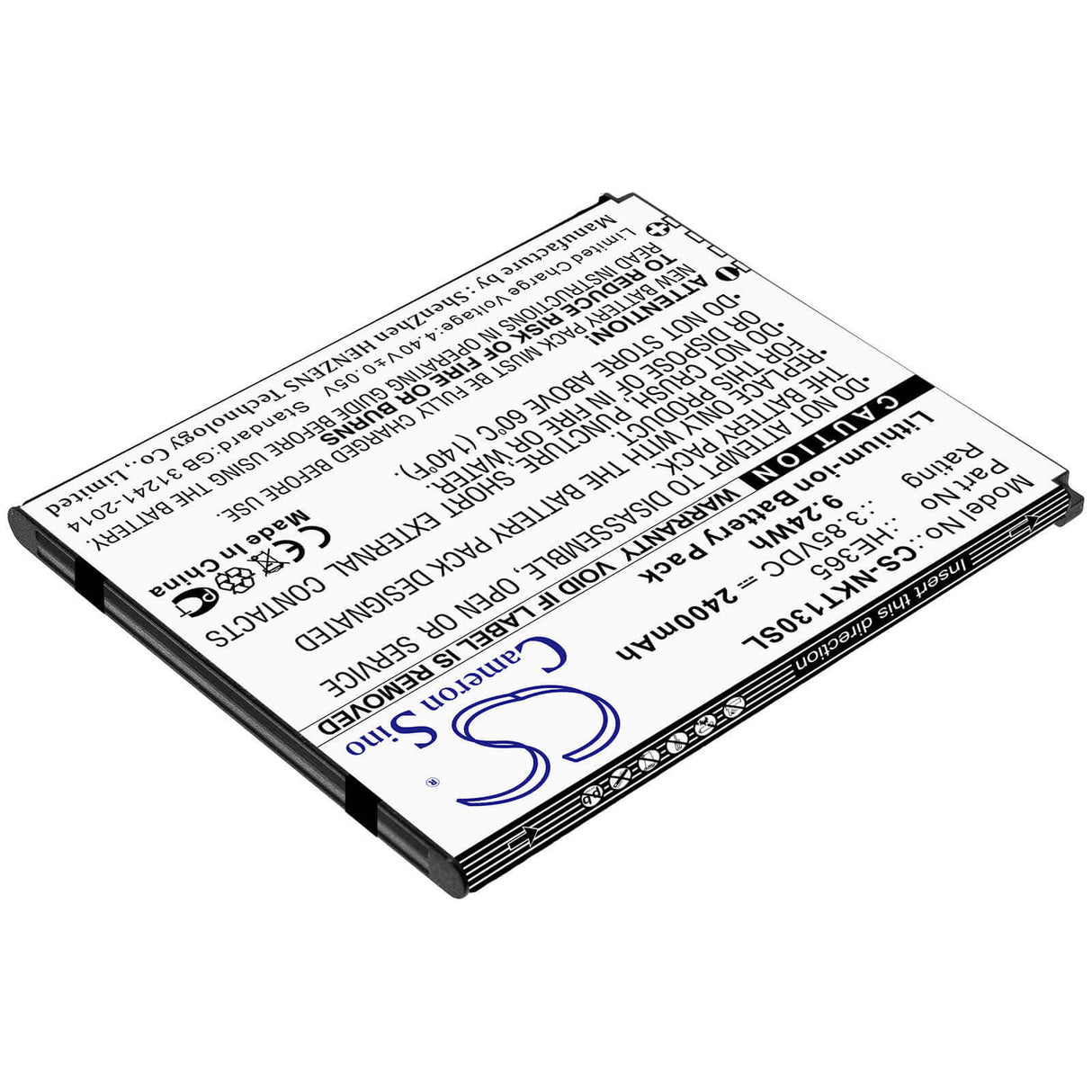 3.85V, Li-ion, 2400mAh, SmartPhone battery fits Nokia, He365, Nokia 1 Plus, Ta-1111, 9.24Wh Mobile, SmartPhone Cameron Sino Technology Limited (Smartphone)