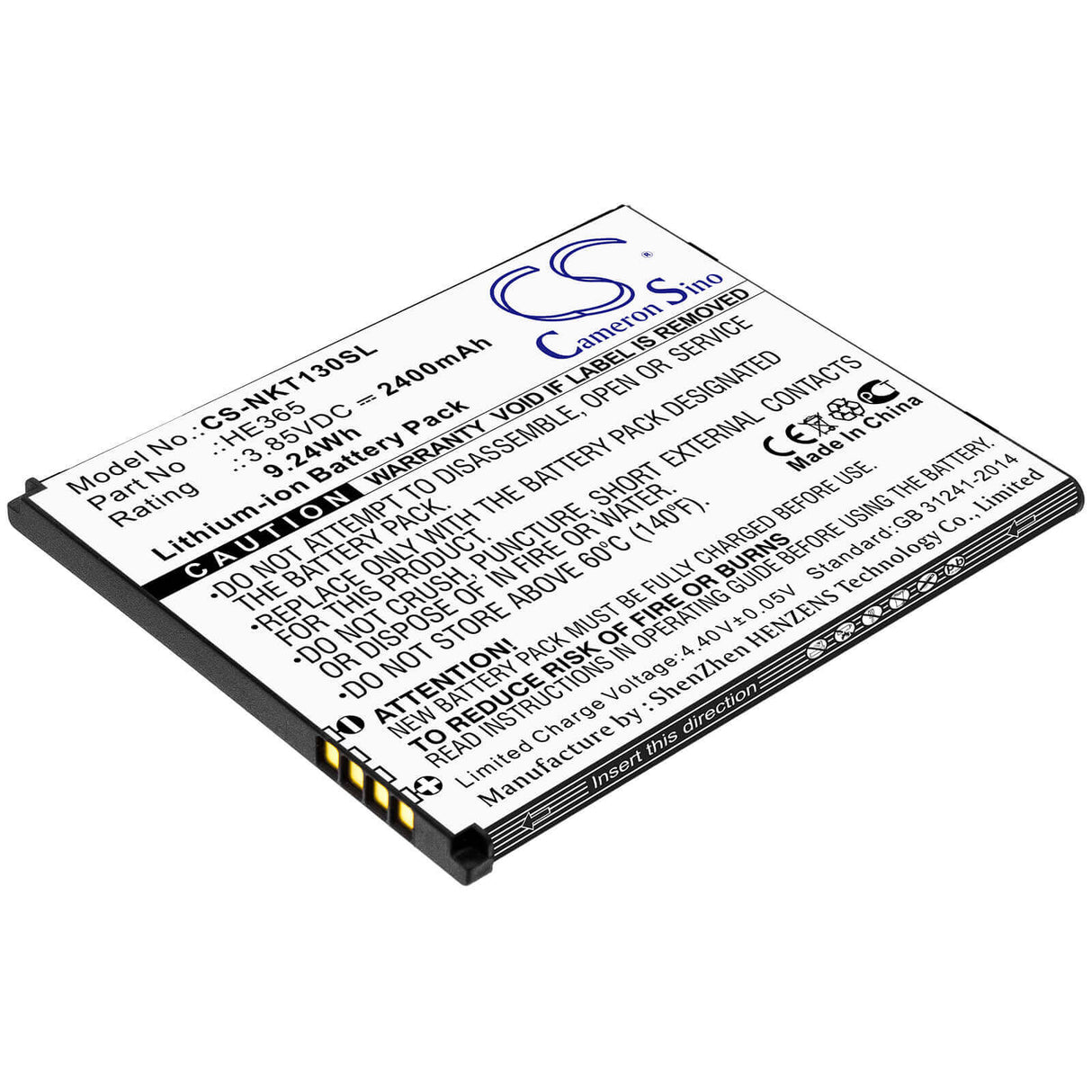 3.85V, Li-ion, 2400mAh, SmartPhone battery fits Nokia, He365, Nokia 1 Plus, Ta-1111, 9.24Wh Mobile, SmartPhone Cameron Sino Technology Limited (Smartphone)